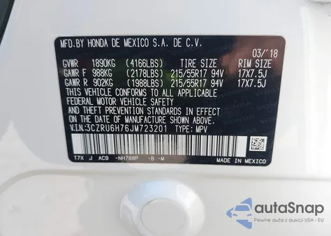 2018 Honda Hr-V Ex-L из США, поврежденный, VIN 3CZRU6H76JM723201